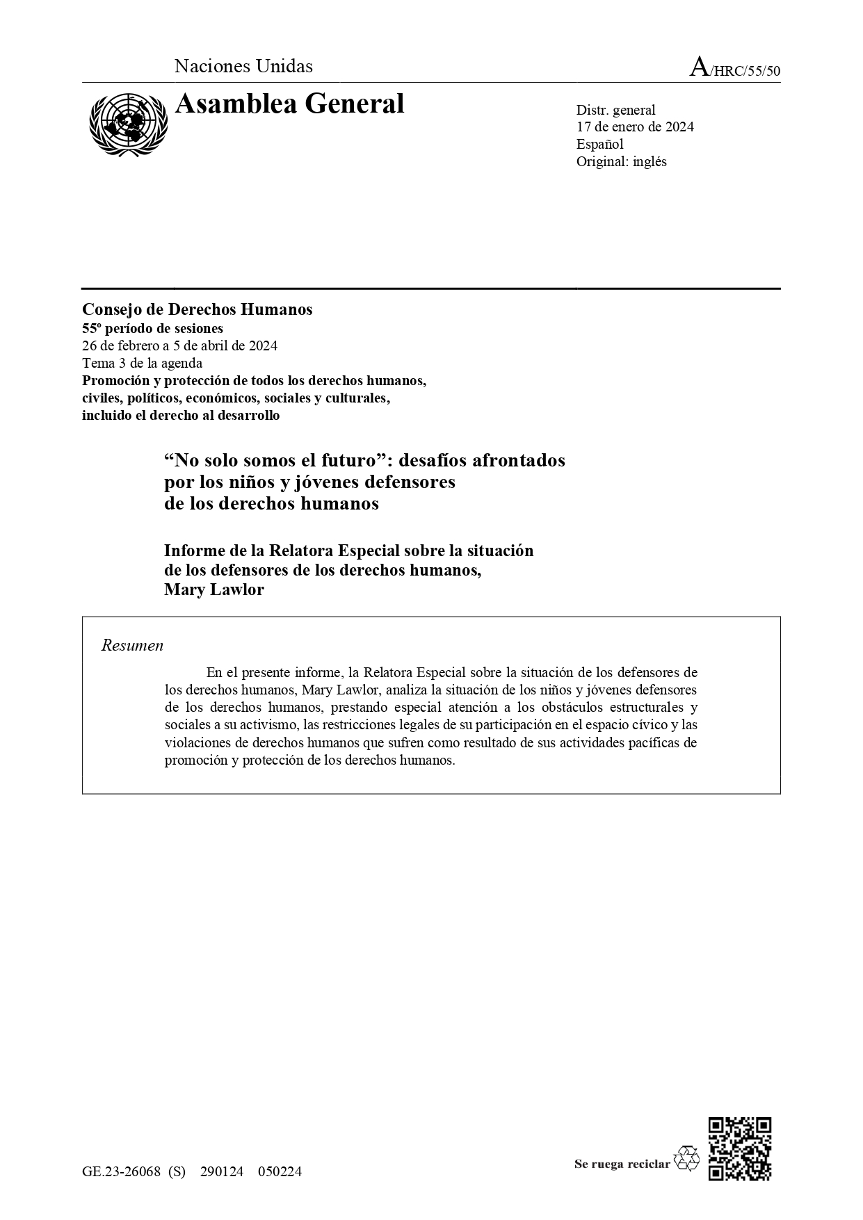 Informe de la Relatora Especial sobre la situación de los defensores de los derechos humanos, Mary Lawlor